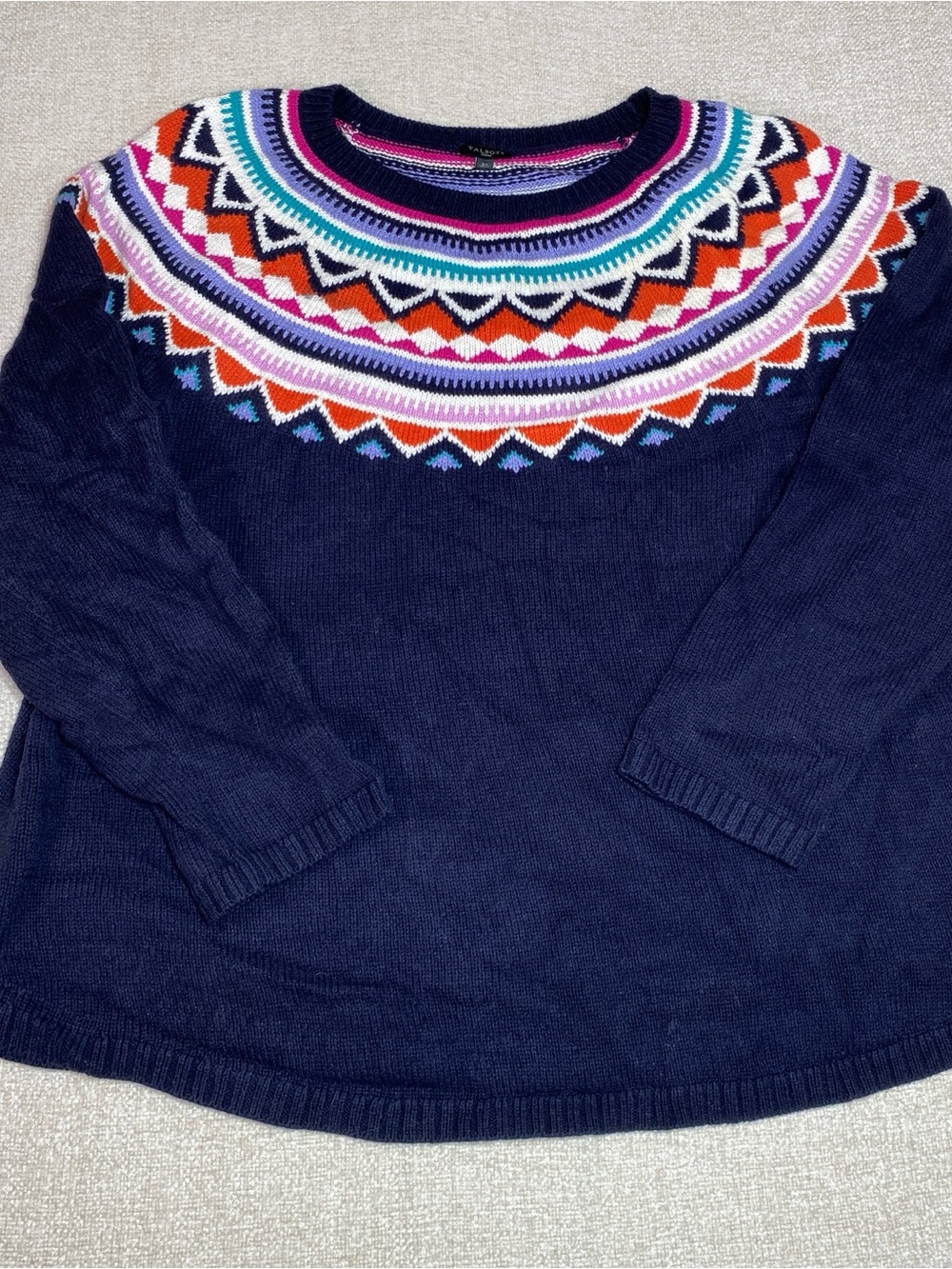Talbots Sweater Womens 3X Navy Fair Isle Yoke Knit Pullover Cotton Blend Nordic